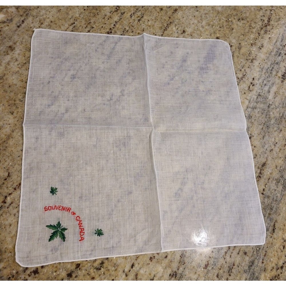 Vintage Souvenir of Canada White Sheer Embroidered Handkerchief Maple Leaf